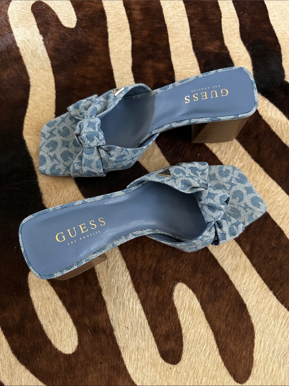 GUESS Light Blue Denim Knot Block Heel Mules